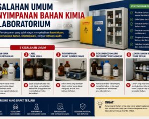 Ilustrasi penyimpanan bahan kimia laboratorium dengan sistem yang aman dan terorganisir sesuai standar keselamatan laboratorium.