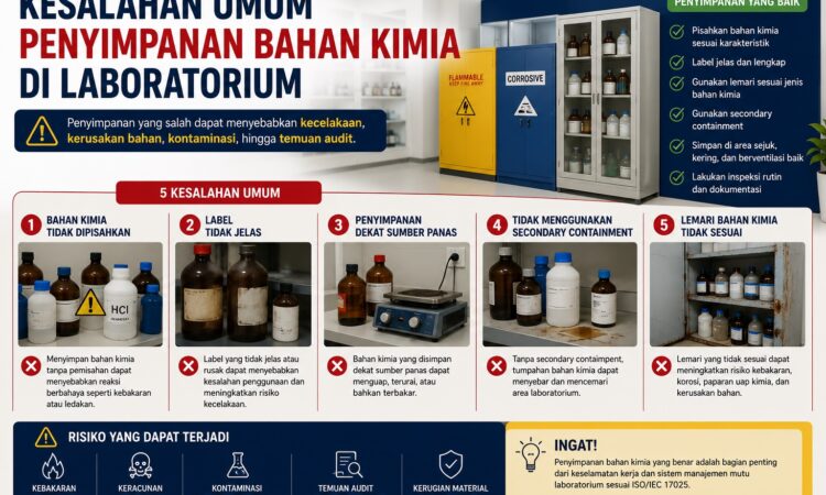 Ilustrasi penyimpanan bahan kimia laboratorium dengan sistem yang aman dan terorganisir sesuai standar keselamatan laboratorium.