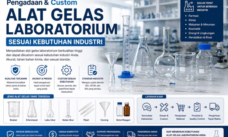 Alat gelas laboratorium seperti beaker dan labu ukur presisi tinggi