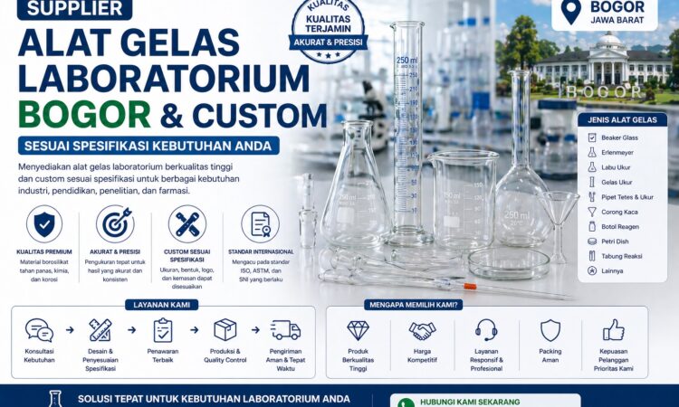 Alat gelas laboratorium seperti beaker dan labu ukur di Bogor