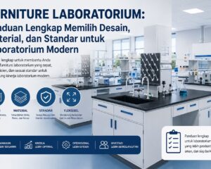 Furniture laboratorium modern dengan laboratory bench, fume hood, chemical storage cabinet, dan tata letak ergonomis.