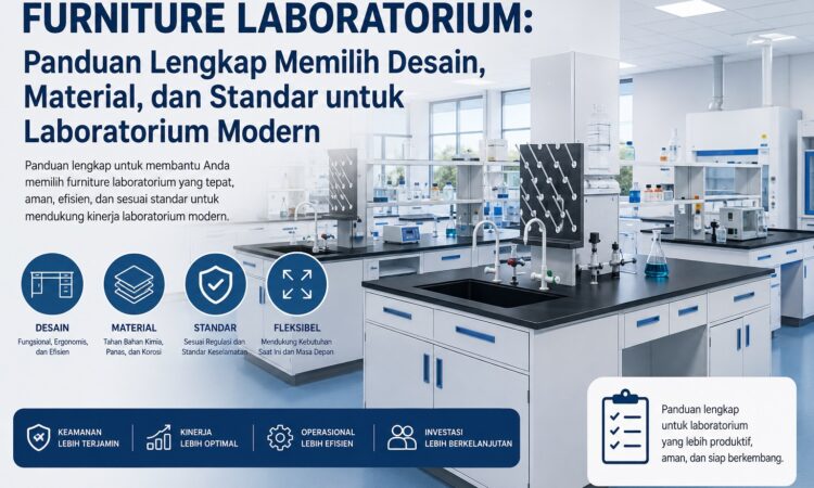 Furniture laboratorium modern dengan laboratory bench, fume hood, chemical storage cabinet, dan tata letak ergonomis.