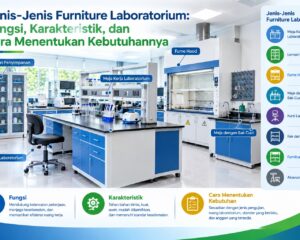 Jenis-jenis furniture laboratorium meliputi meja kerja, lemari penyimpanan, fume hood, meja cuci, kursi, dan rak laboratorium.