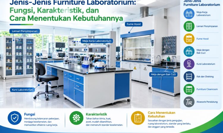 Jenis-jenis furniture laboratorium meliputi meja kerja, lemari penyimpanan, fume hood, meja cuci, kursi, dan rak laboratorium.