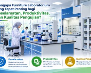 Furniture laboratorium modern dengan meja kerja, lemari penyimpanan, dan peralatan pengujian yang mendukung keselamatan, produktivitas, dan kualitas pengujian.