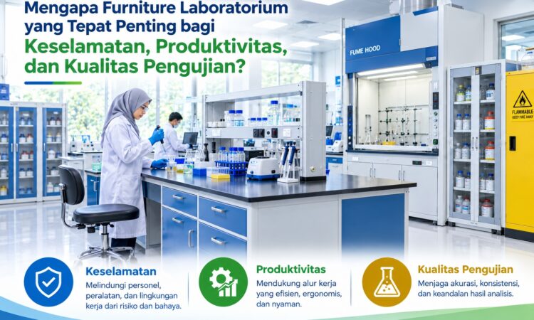 Furniture laboratorium modern dengan meja kerja, lemari penyimpanan, dan peralatan pengujian yang mendukung keselamatan, produktivitas, dan kualitas pengujian.